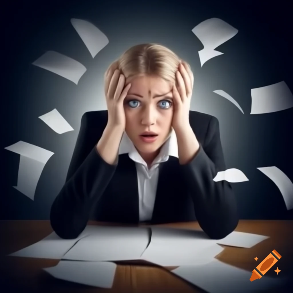 Stressed young female auditor in black suit surrounded by paperwork