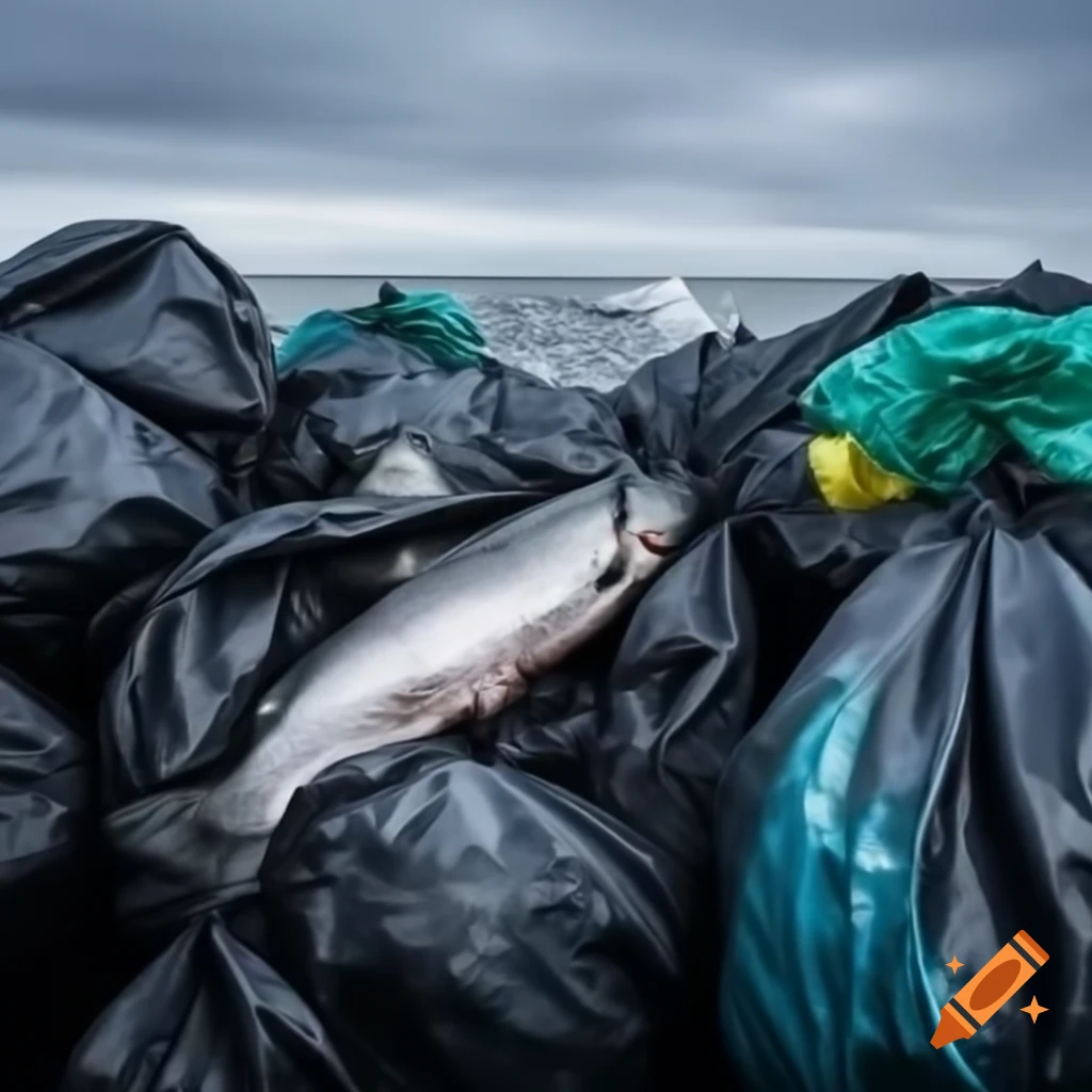 Large salmon amidst a trash dump filled with garbage bags