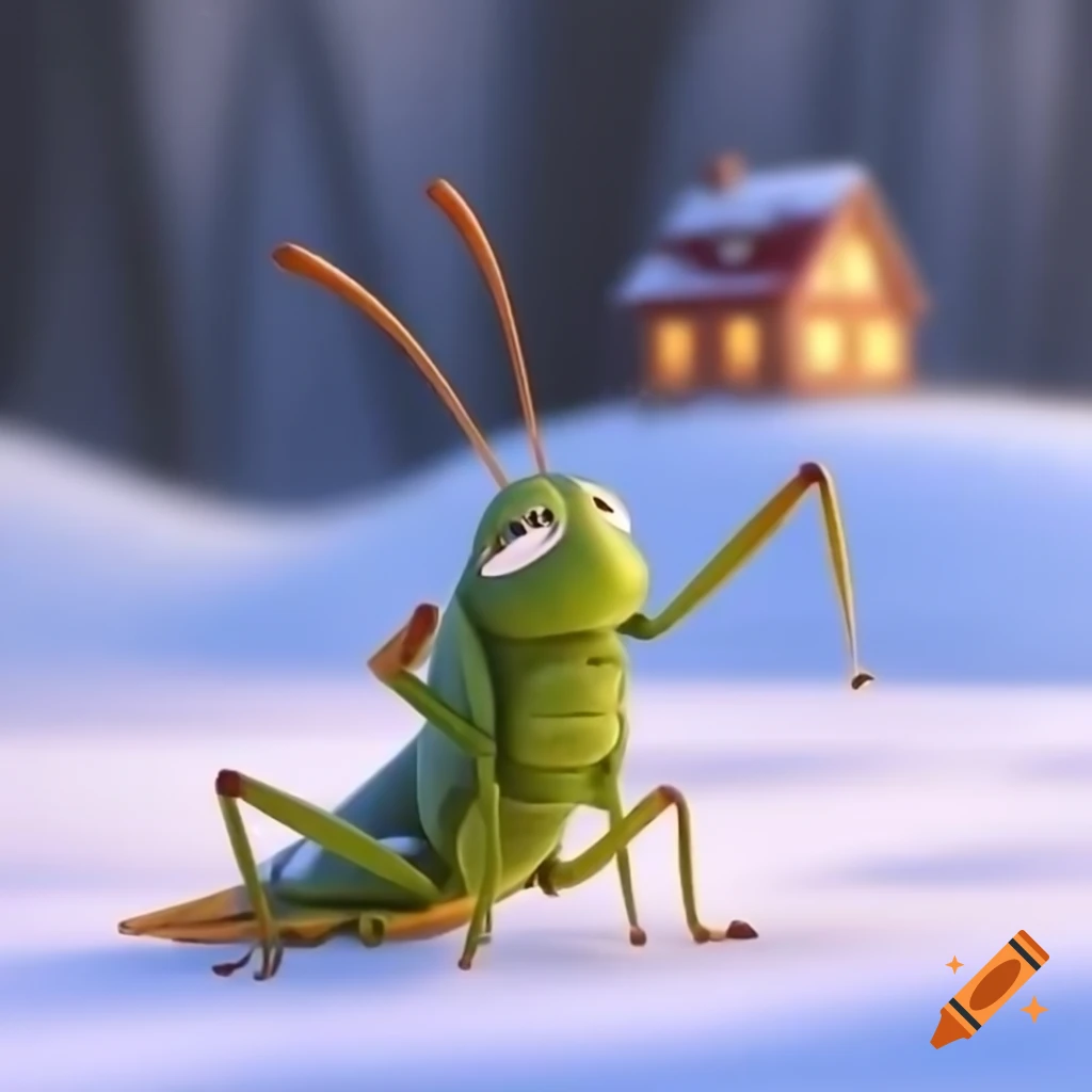 Grasshopper in snow near ant's nest, evoking feelings of regret and vulnerability