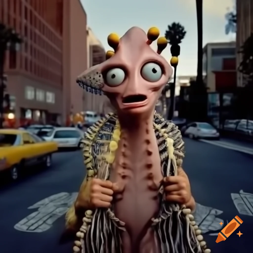 Realistic street interview with alien slug goblins in Martian city