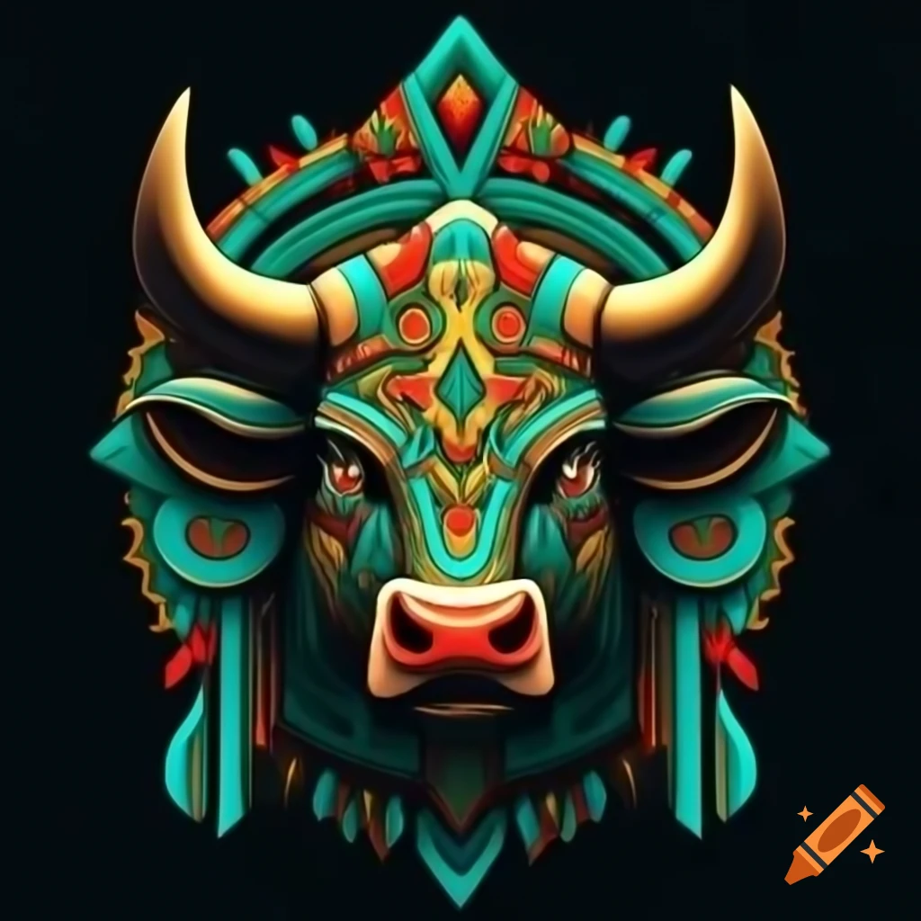 Colorful Aztec-style bull's head avatar with vibrant tribal design