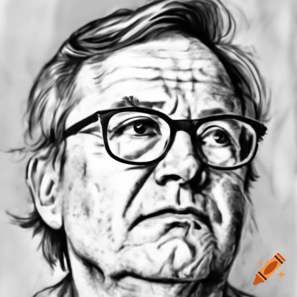 Black and white sketch of middle-aged man looking up