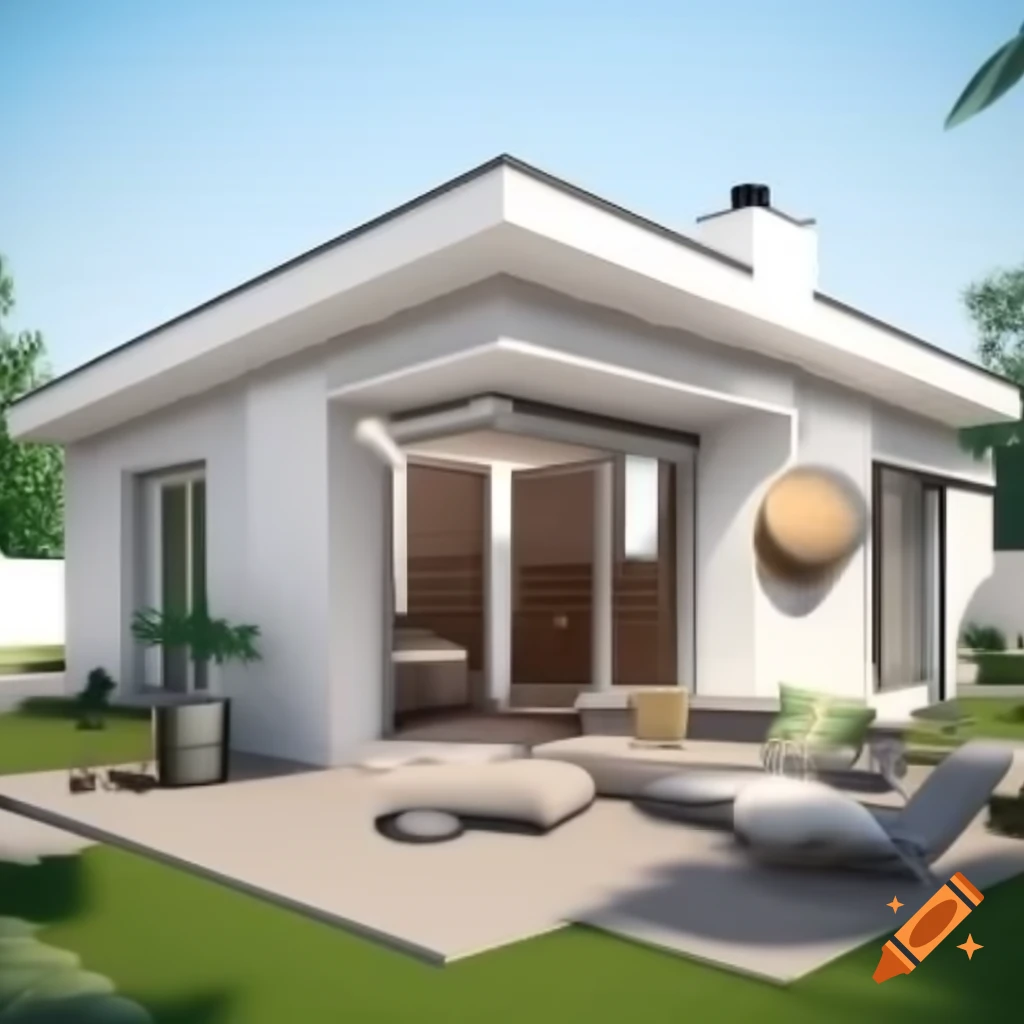 Modern single-story home with stylish terrace and sun-drenched sunroom in 3D