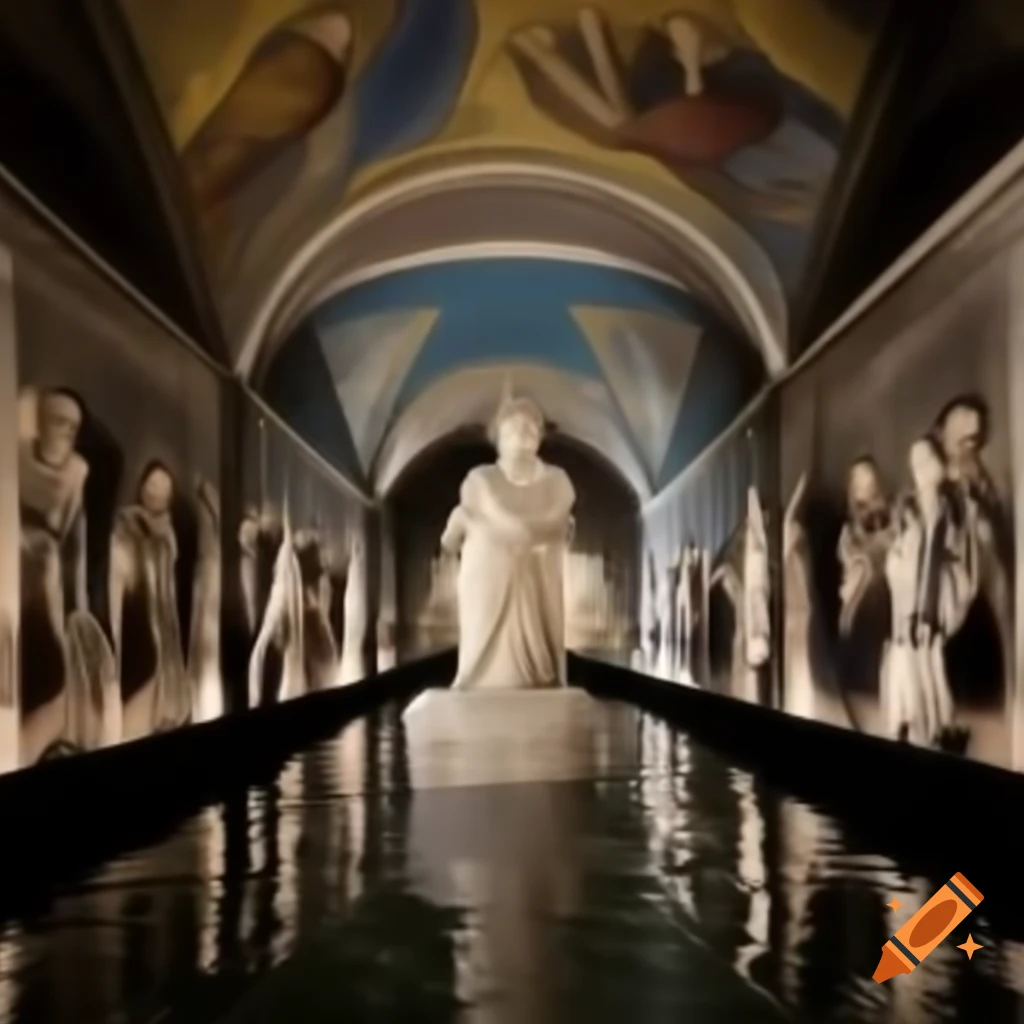 Submerged gallery with ancient murals depicting temple creation and ...