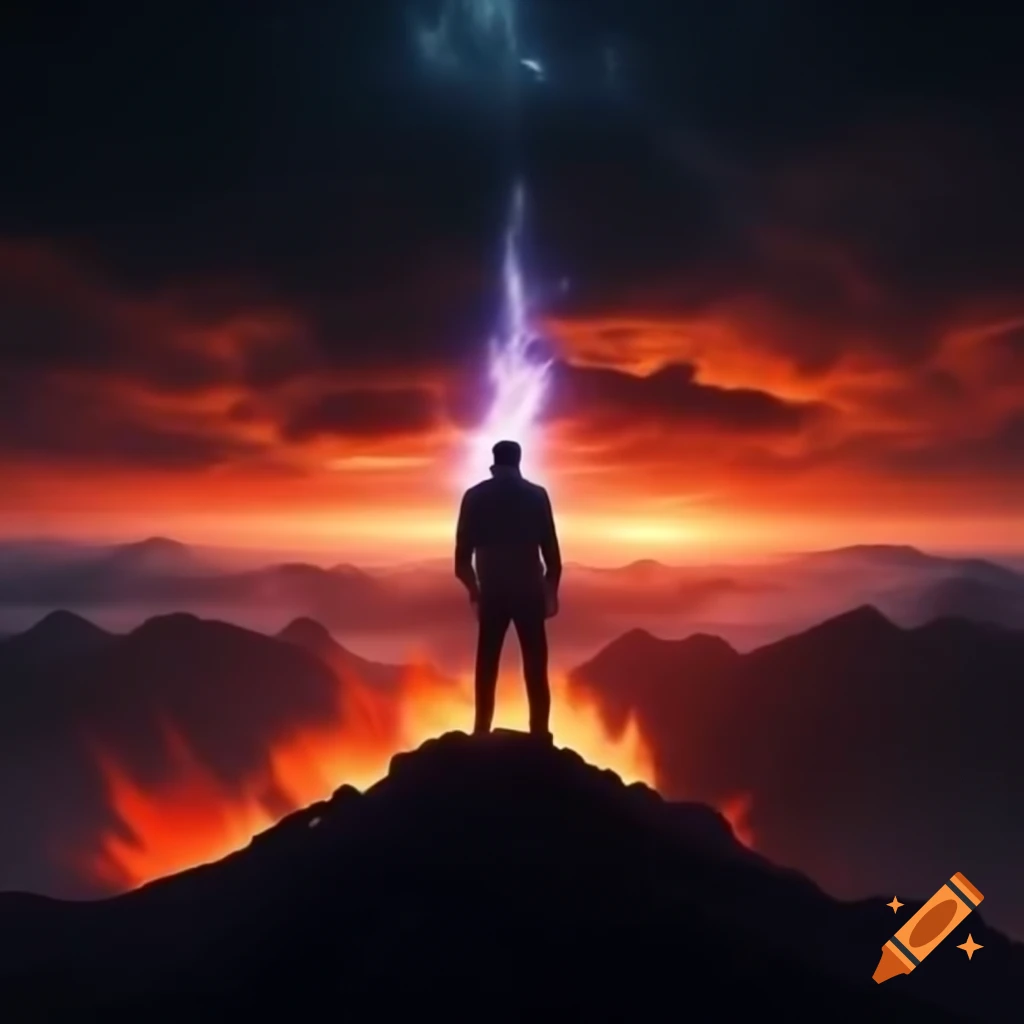 Dramatic YouTube thumbnail with silhouette of man on mountain peak during sunrise