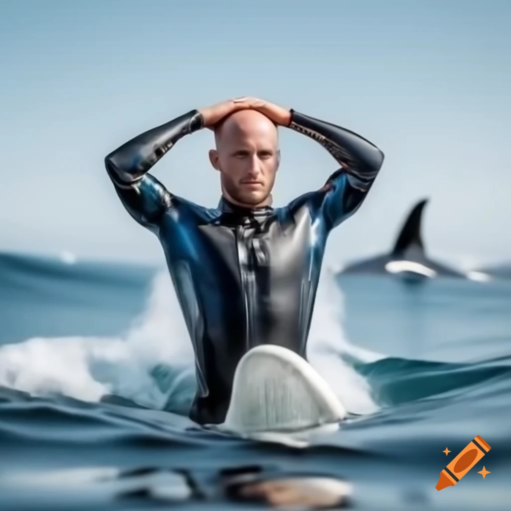 Young man in shiny orca wetsuit performing double bicep flex pose