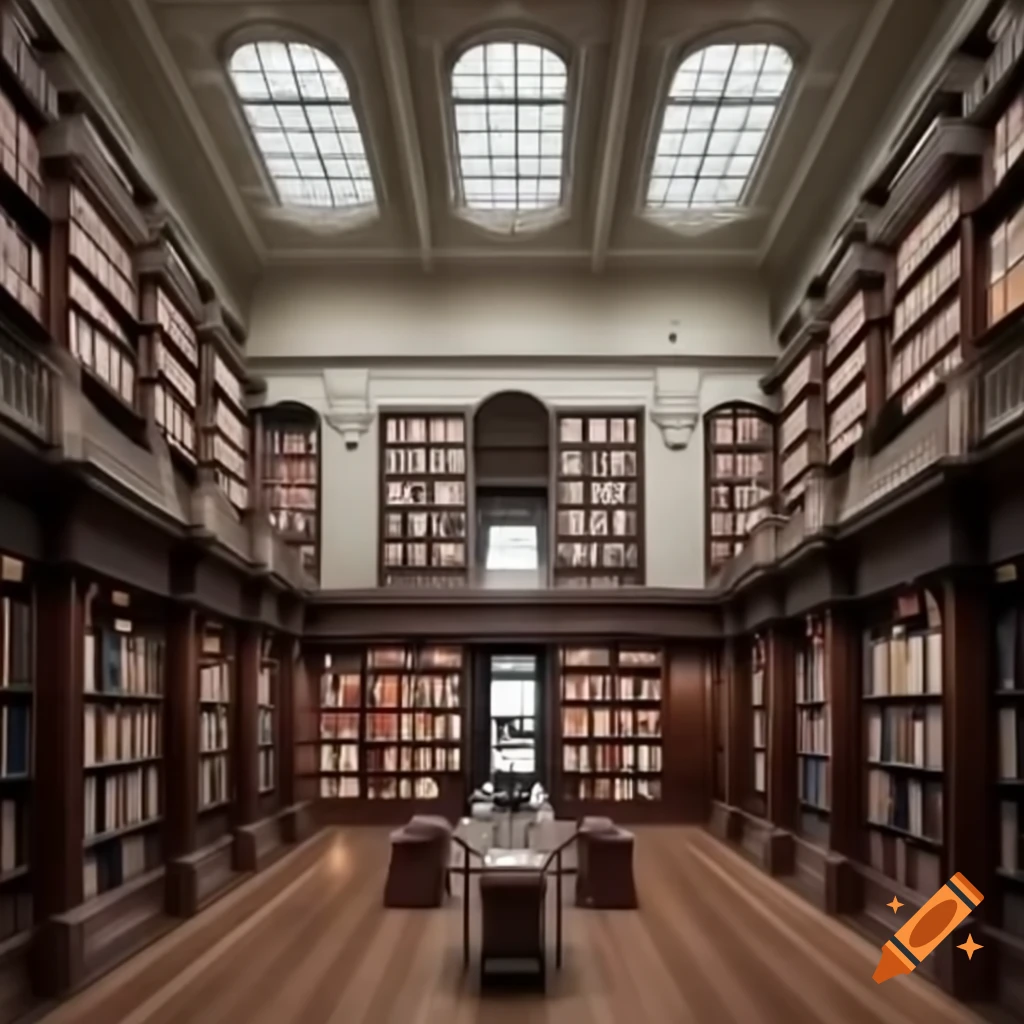 Library with 20 x 10 meters, shelves of four tiers, and large windows