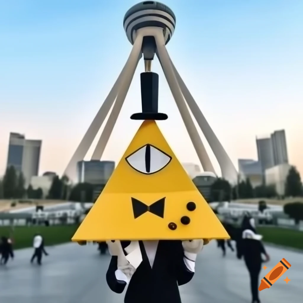 Bill Cipher character in front of Milad Tower with Tehran skyline and mountains