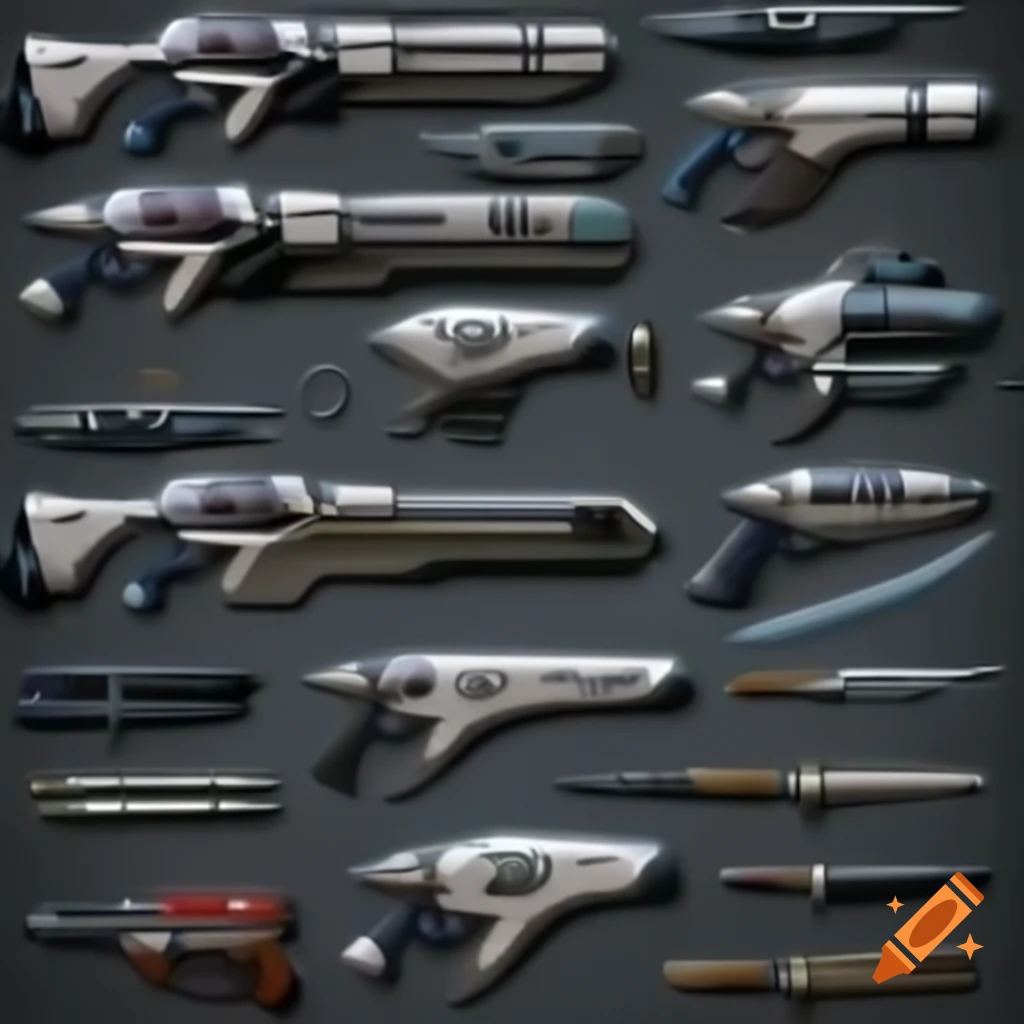 Display of futuristic guns, swords and knives