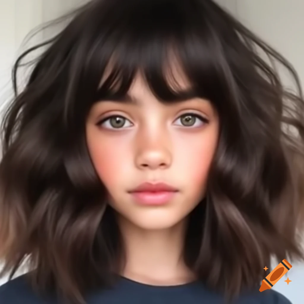 Realistic portrait of a girl with wavy dark brown hair and thick ...