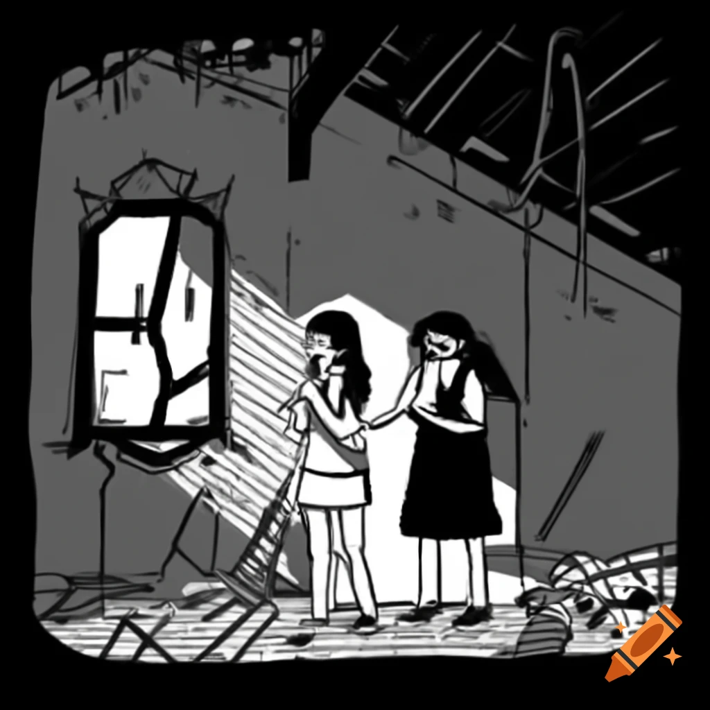 Black and white storyboard sketches depicting a girl in an attic and her friend
