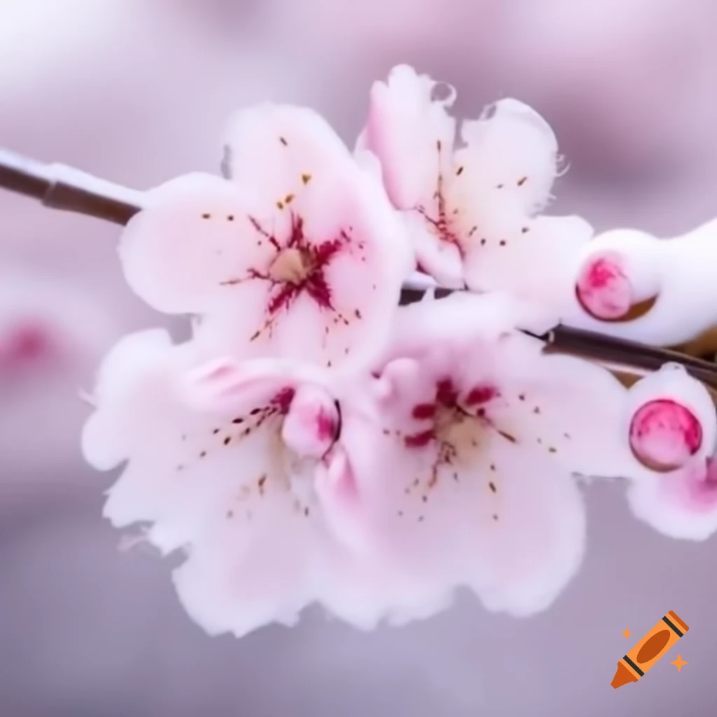 Blooming sakura trees covered in snow during winter