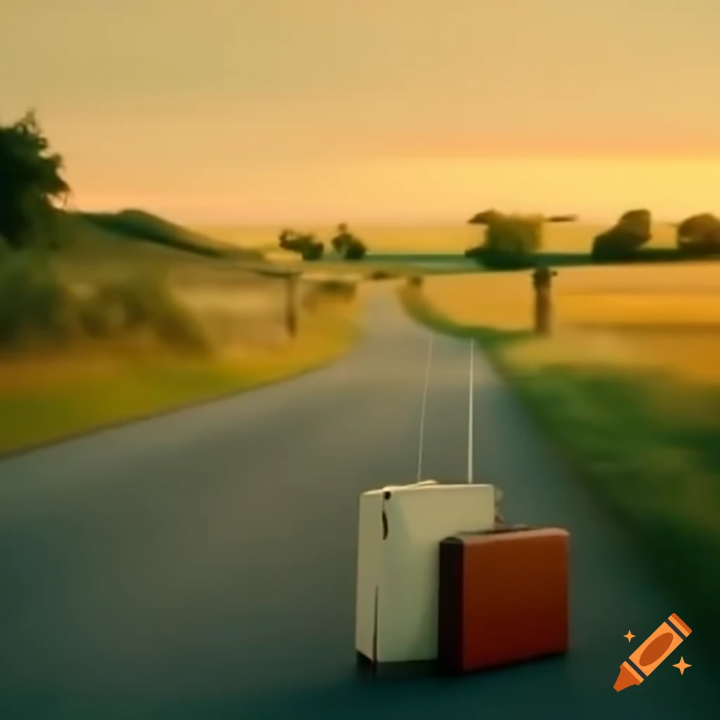 Small suitcase beside country road at sunset