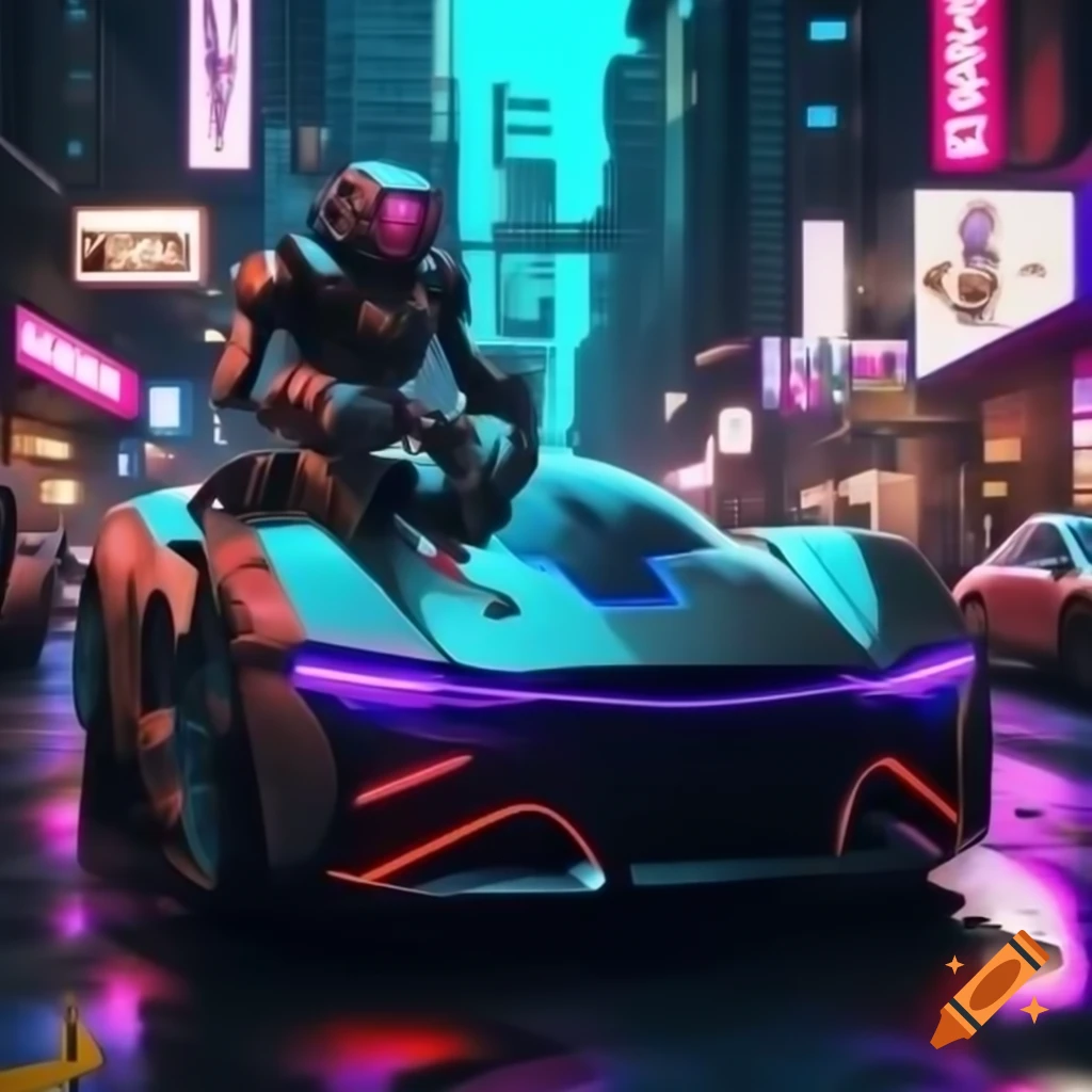 Humanoid robot repairing futuristic vehicle on neon-lit street in busy city