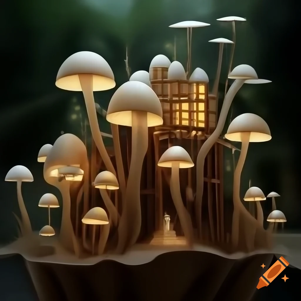 Futuristic urban landscape with wooden structures and illuminated fungi