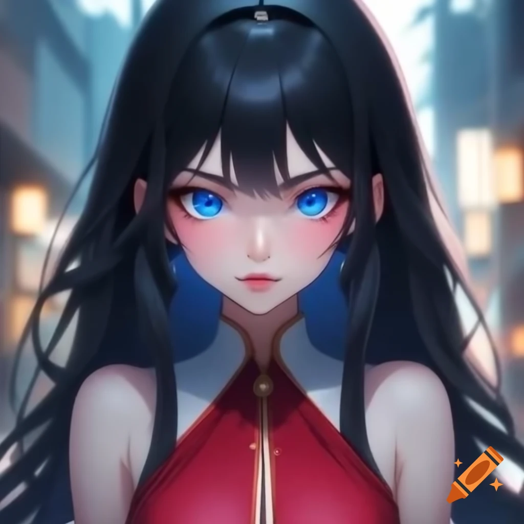 Girl with long black hair and blue eyes in a red dress on Craiyon