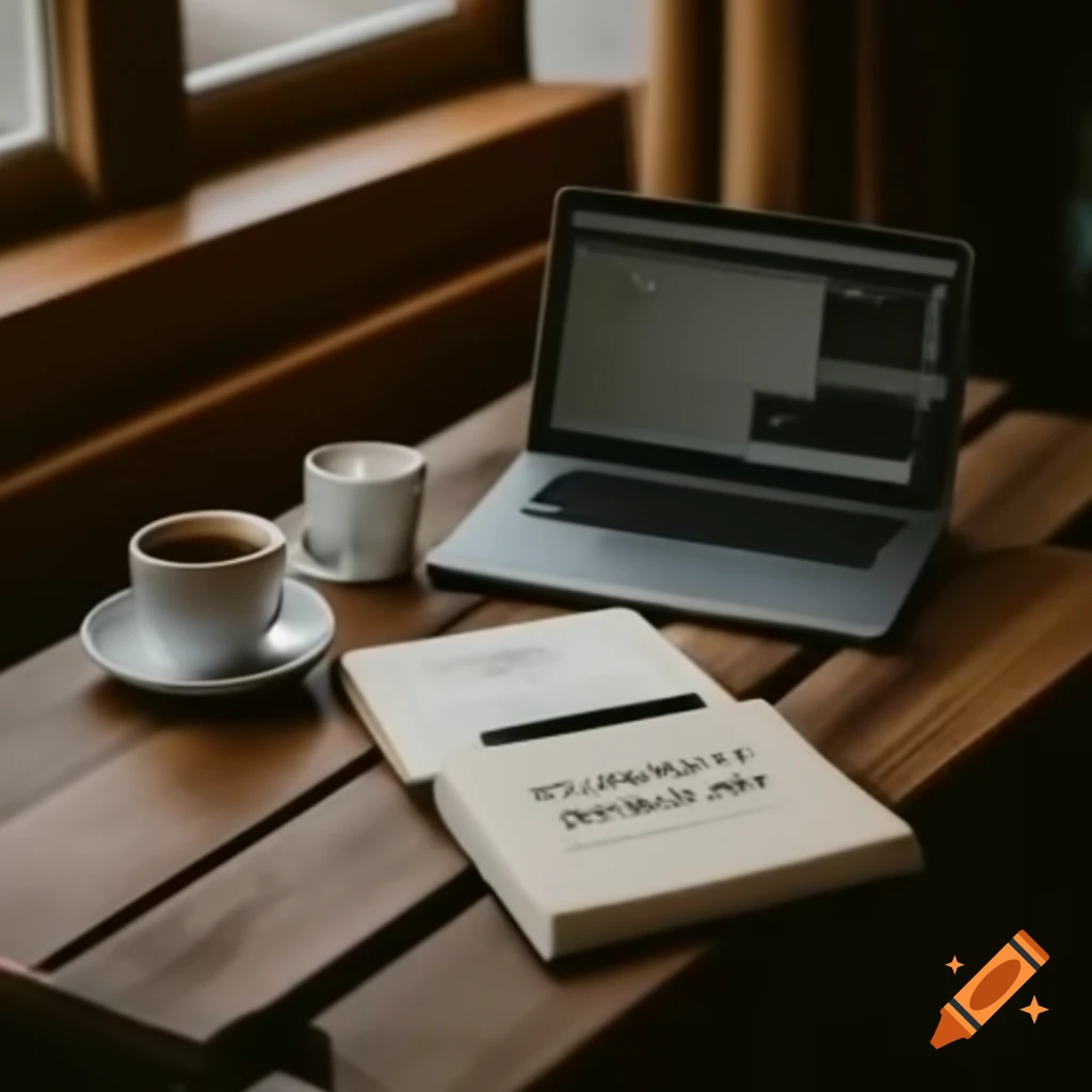 Cozy desk with laptop, coffee, and inspirational notebook under warm lighting