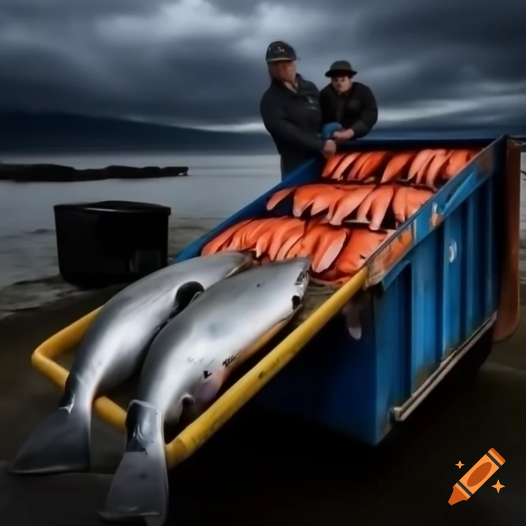 Overflowing metal dumpster with large salmon at annual salmon toss festival