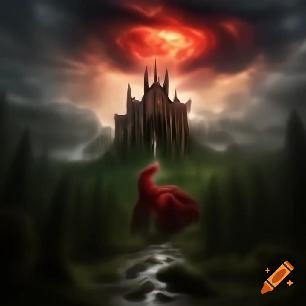 Gothic castle surrounded by stormy forest and angry red dragon ...