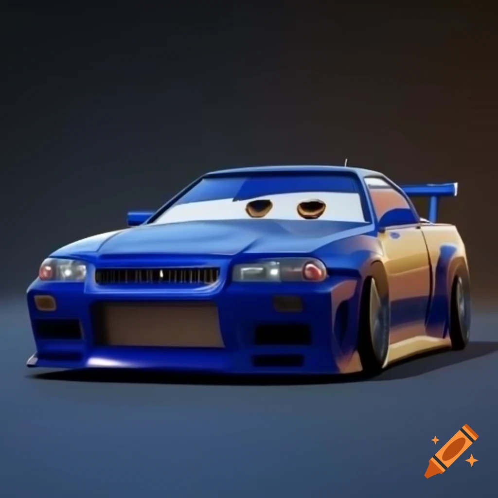 3D rendering of Nissan Skyline GT-R R34 as animated character in Cars style