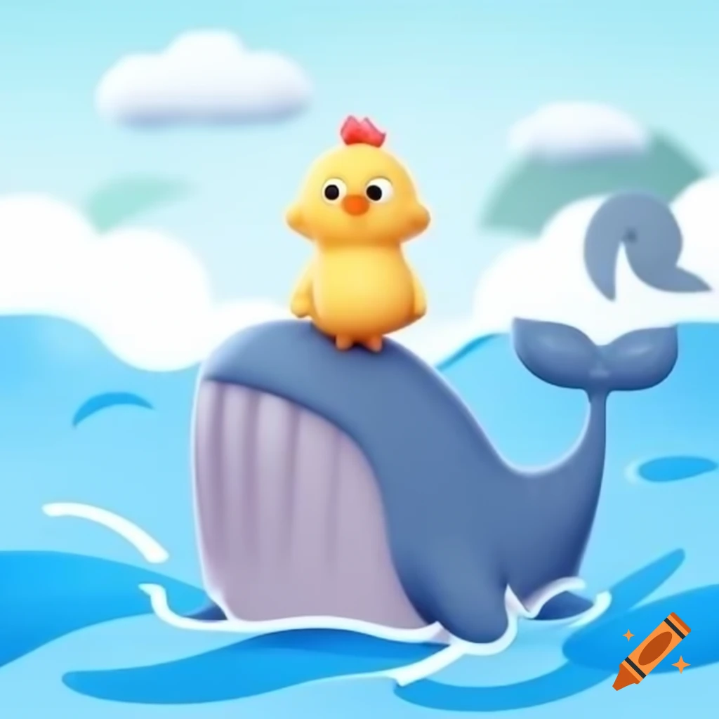 Cartoon chicken interacting with a large whale