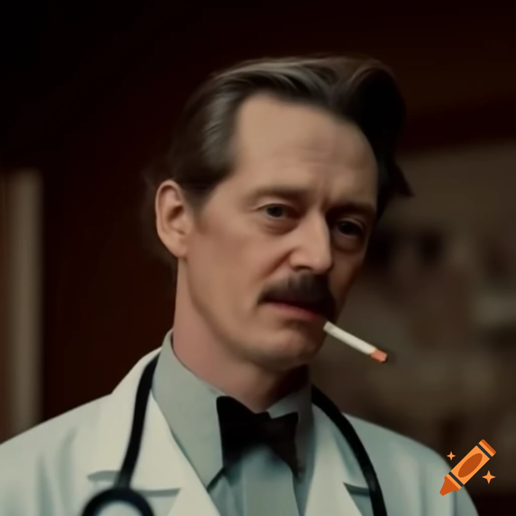 Young Steve Buscemi as 1920s medical doctor with pencil mustache and slick-back hair