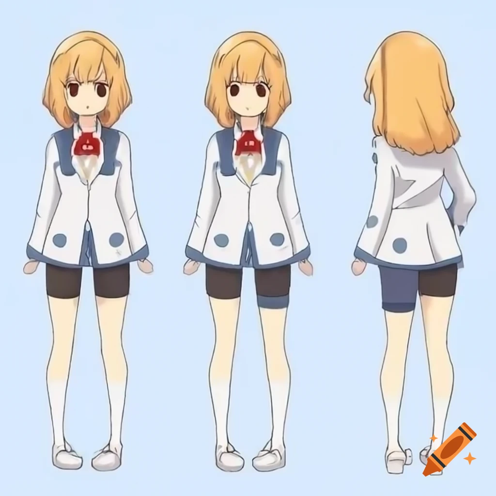 Japanese anime girl in bodysuit character sheet with landscape aspect ratio