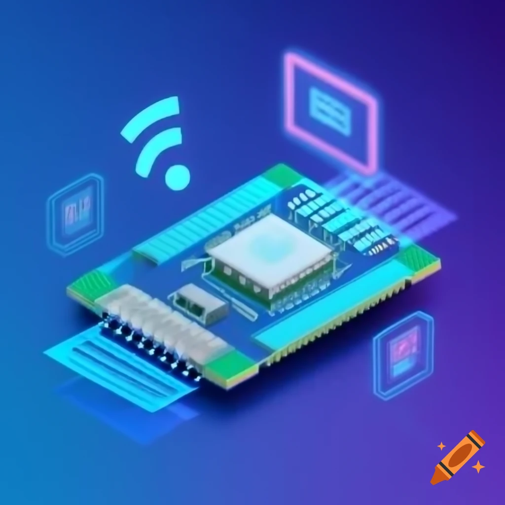 Stylized STM32 microcontroller wirelessly communicating with miniature Linux terminal, glowing data lines