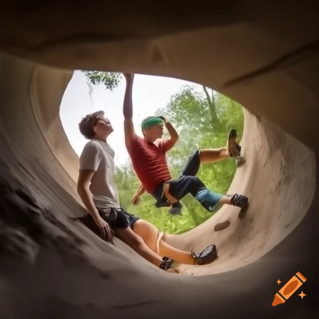 Two young climbers bouldering on stone boulder in Fontainebleau forest
