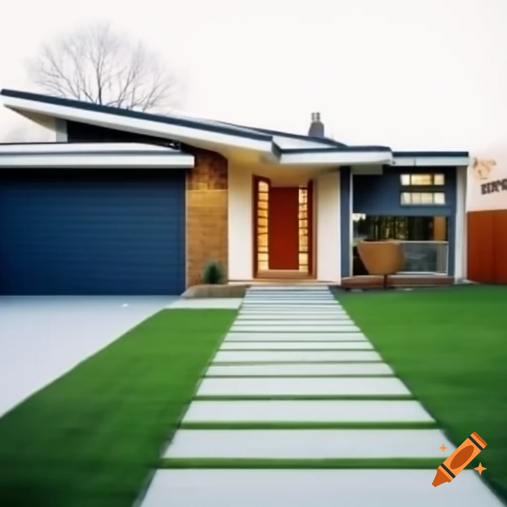 Midcentury modern house with driveway and stepping stone path to front door