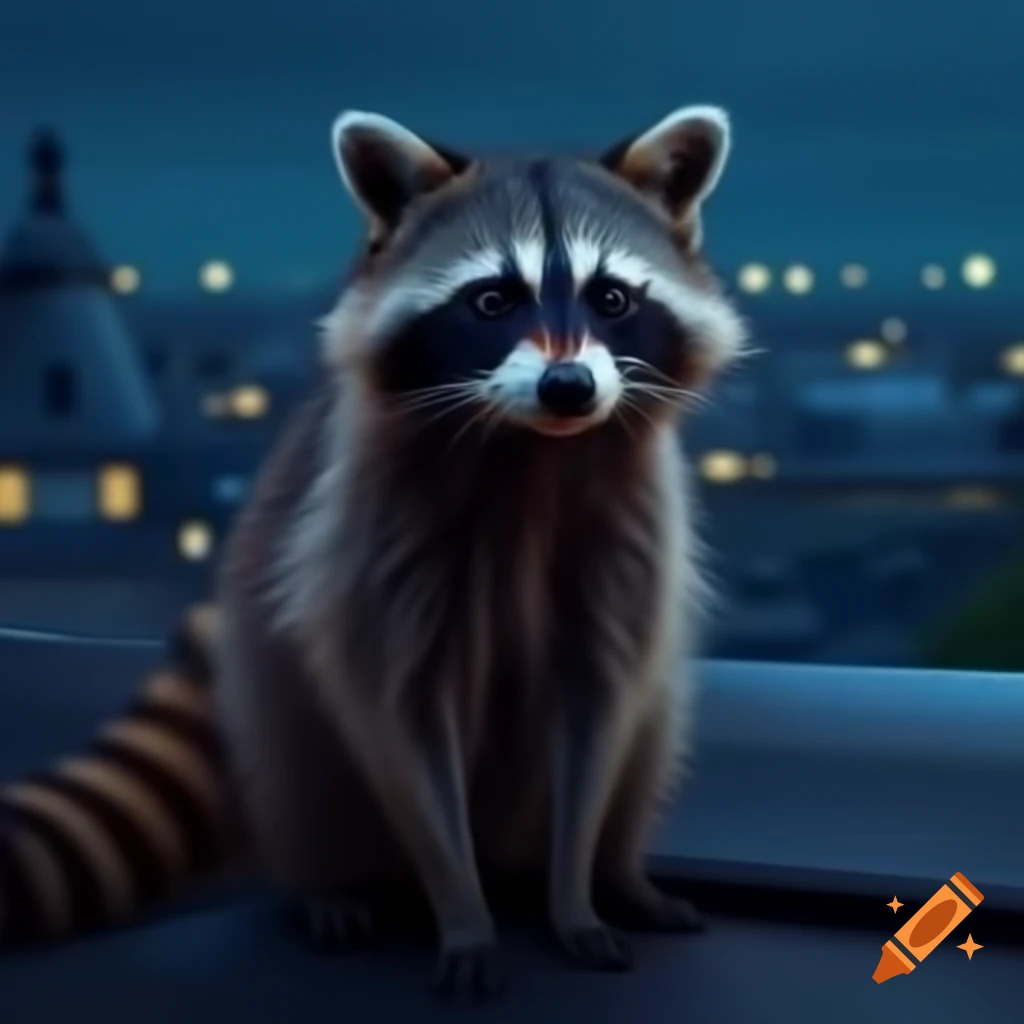 Raccoon standing on roof overlooking Paris city at night