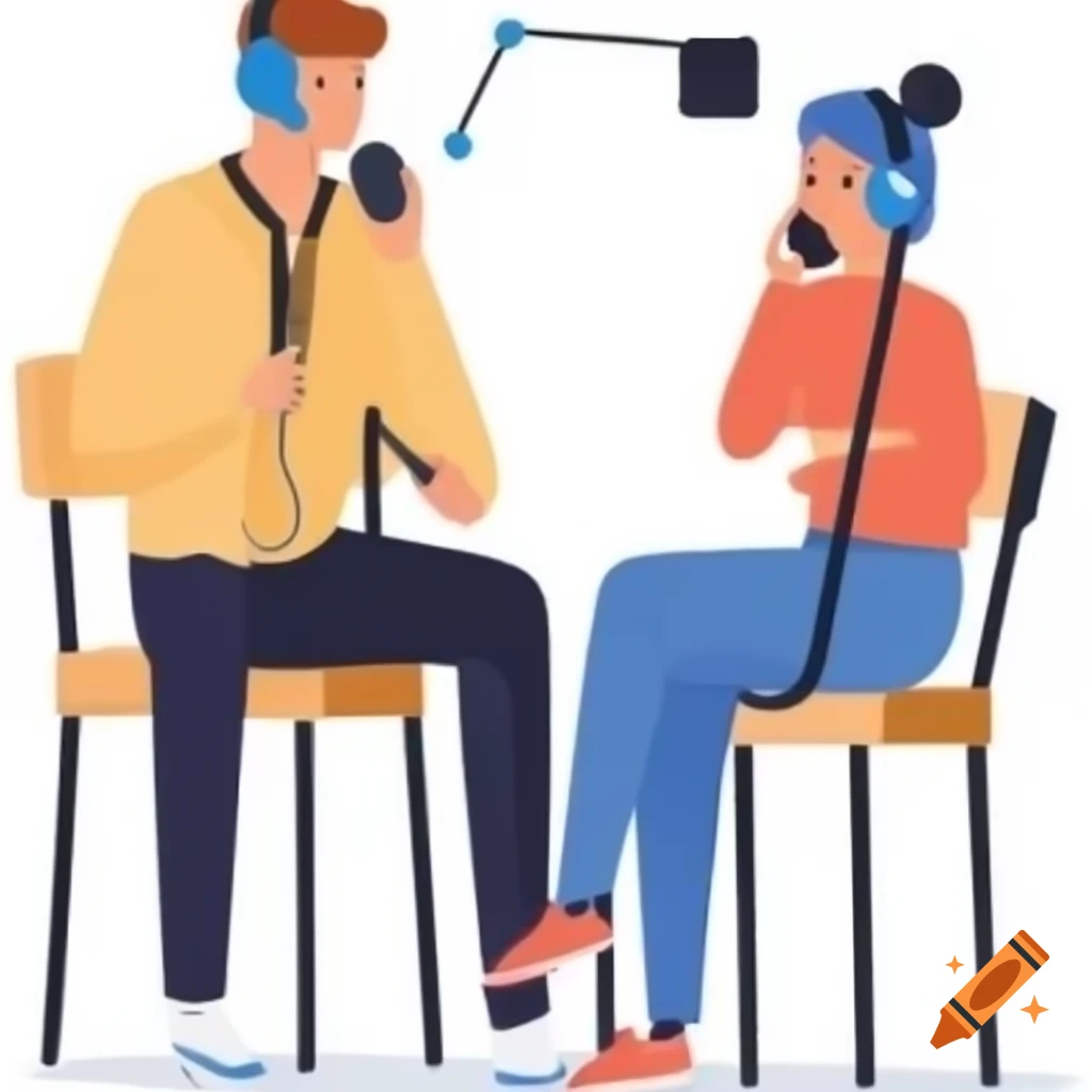 Young man and woman discussing in a radio show, casual attire, clipart