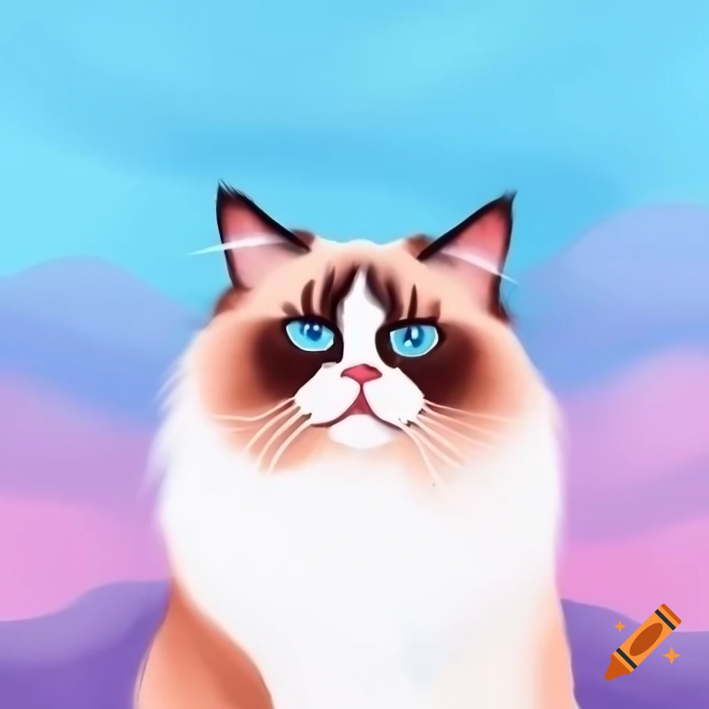 Pastel acrylic painting of bi-color seal point ragdoll cat with pink, blue, and purple background
