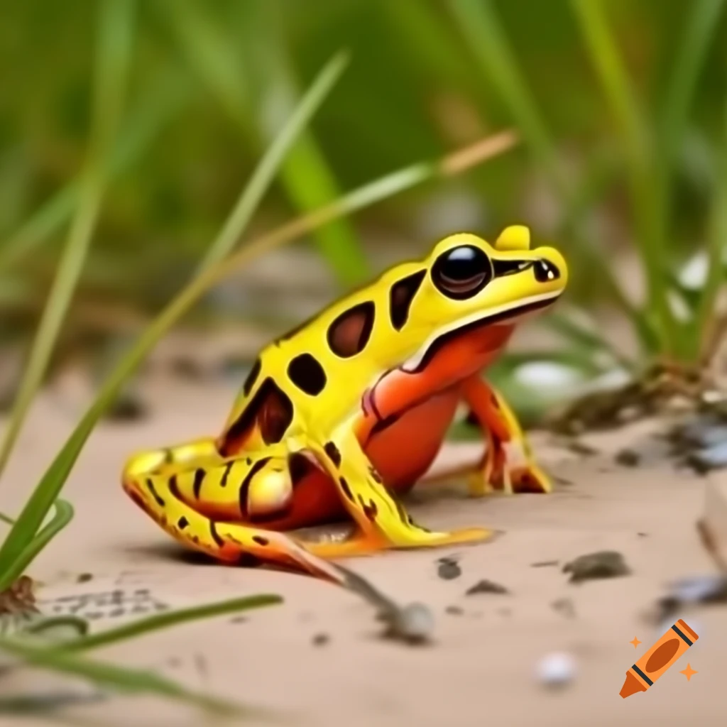 Giant yellow and red frog on sandy path surrounded by vegetation
