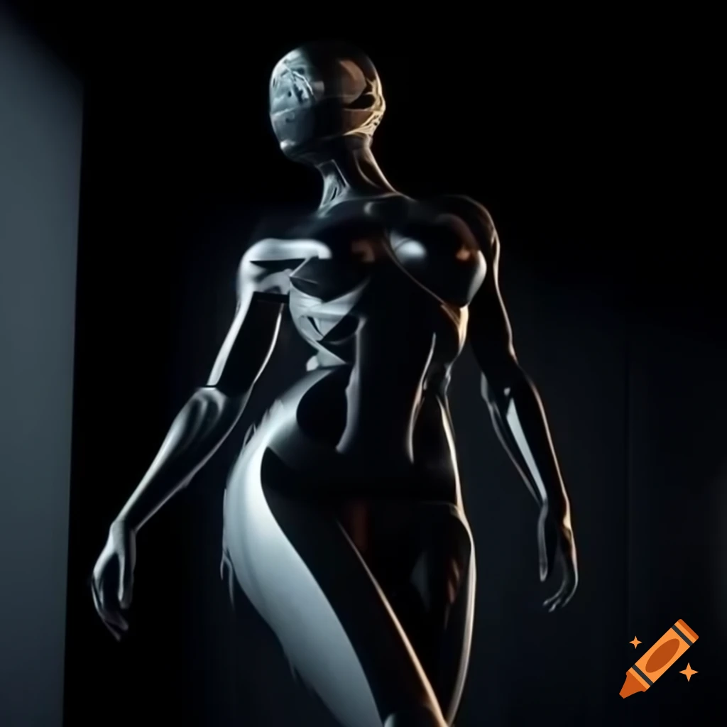 Futuristic synthetic feminine figure with black chrome body in dark room
