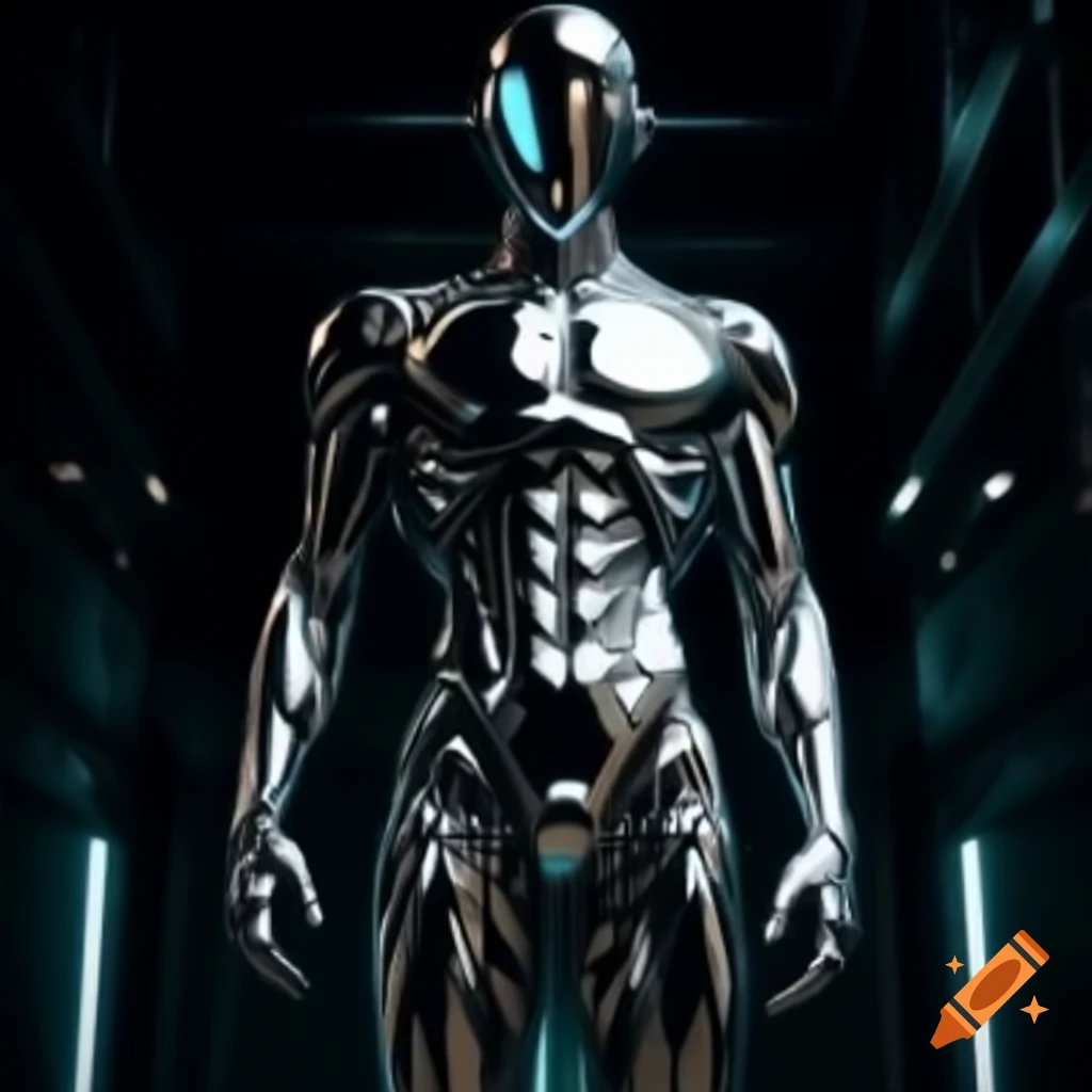 Futuristic chrome metallic synthetic masculine human in dark room