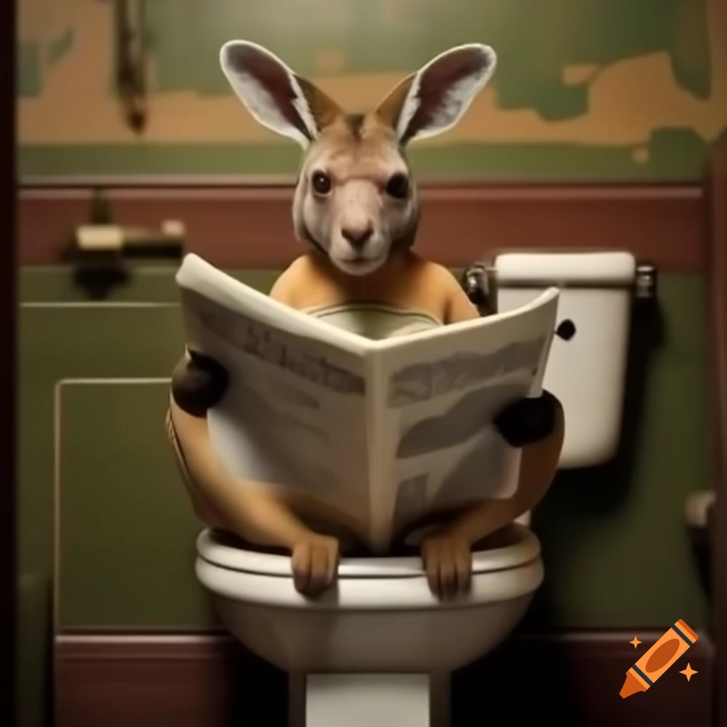 Cute kangaroo reading newspaper on toilet