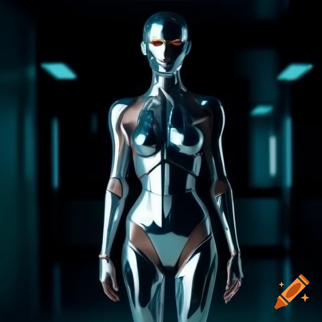 Synthetic human with metallic body in dark room