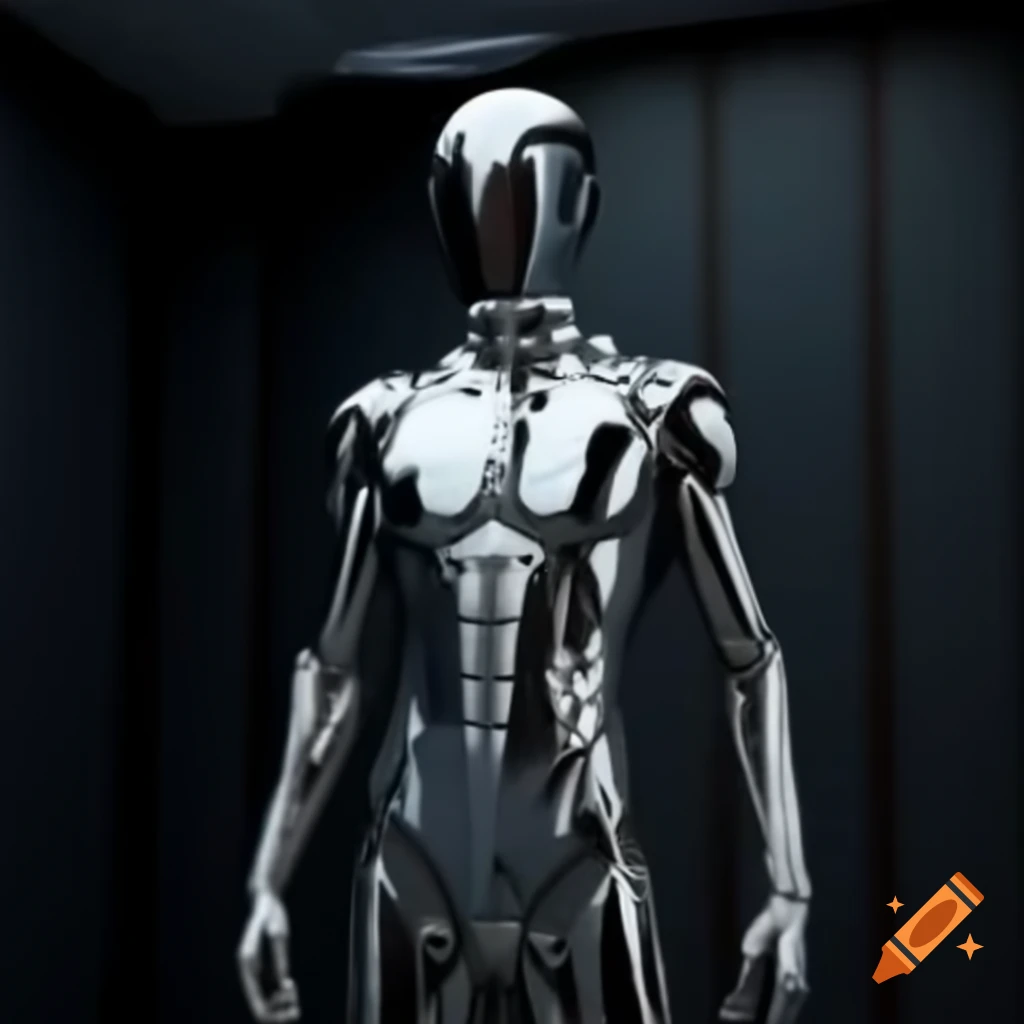 Synthetic masculine humanoid with chrome metallic body in dark room