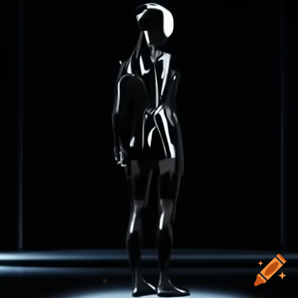 Futuristic synthetic feminine figure with black chrome body in dark room