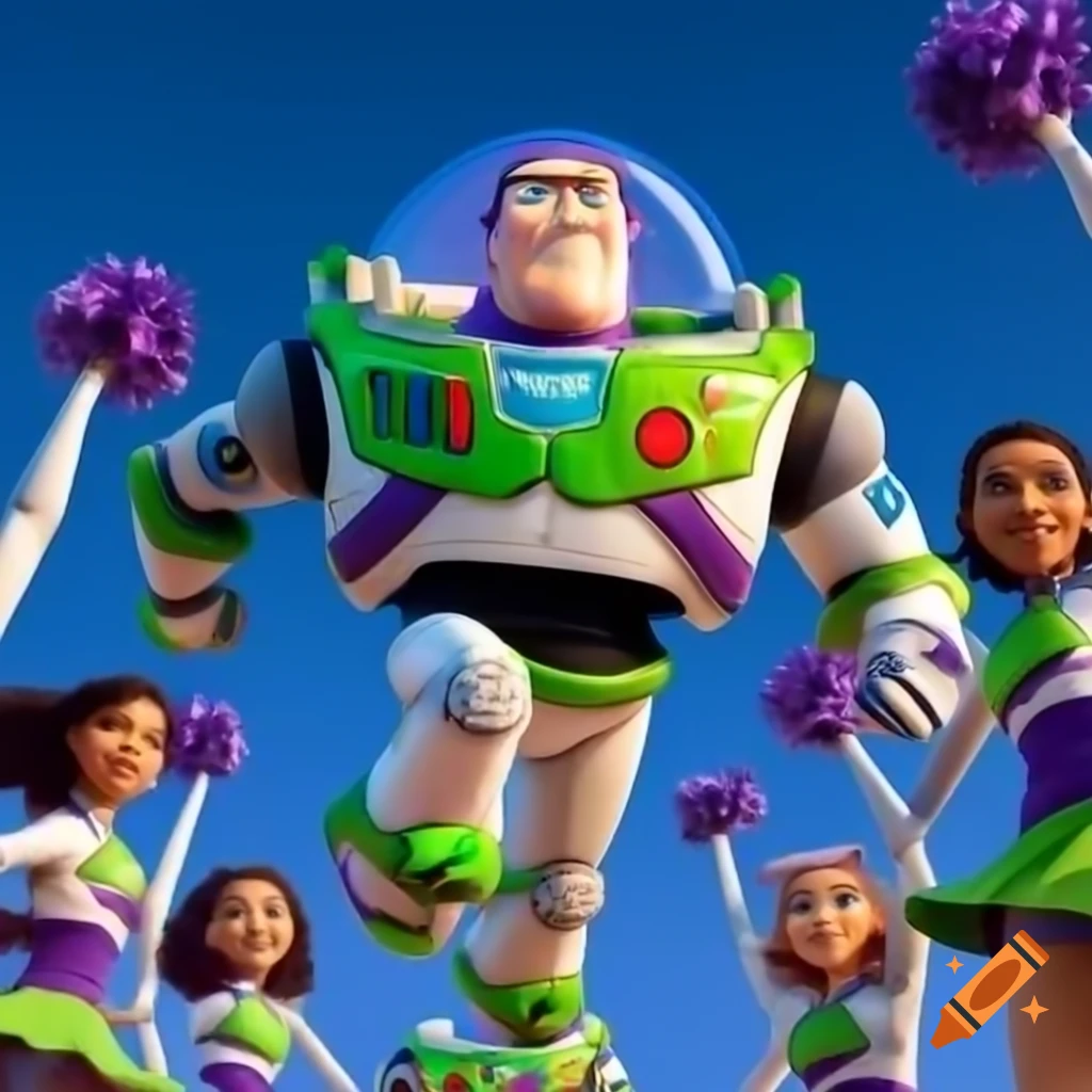 Buzz Lightyear Rave Buzz Lightyear performing a cheerleading stunt on Craiyon