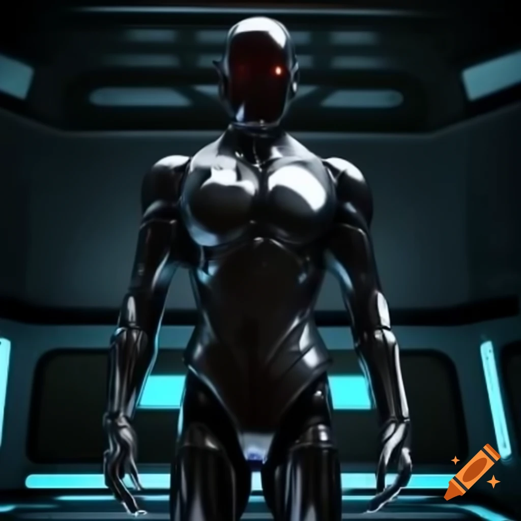 Synthetic human with black chrome body in dark futuristic room