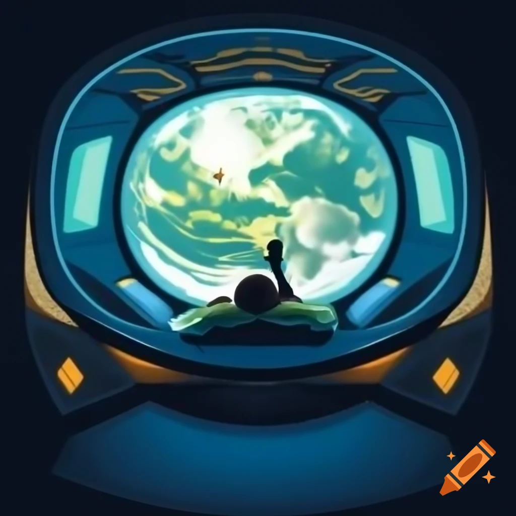 Futuristic habitat module in orbit around Earth with sunlight streaming through windows