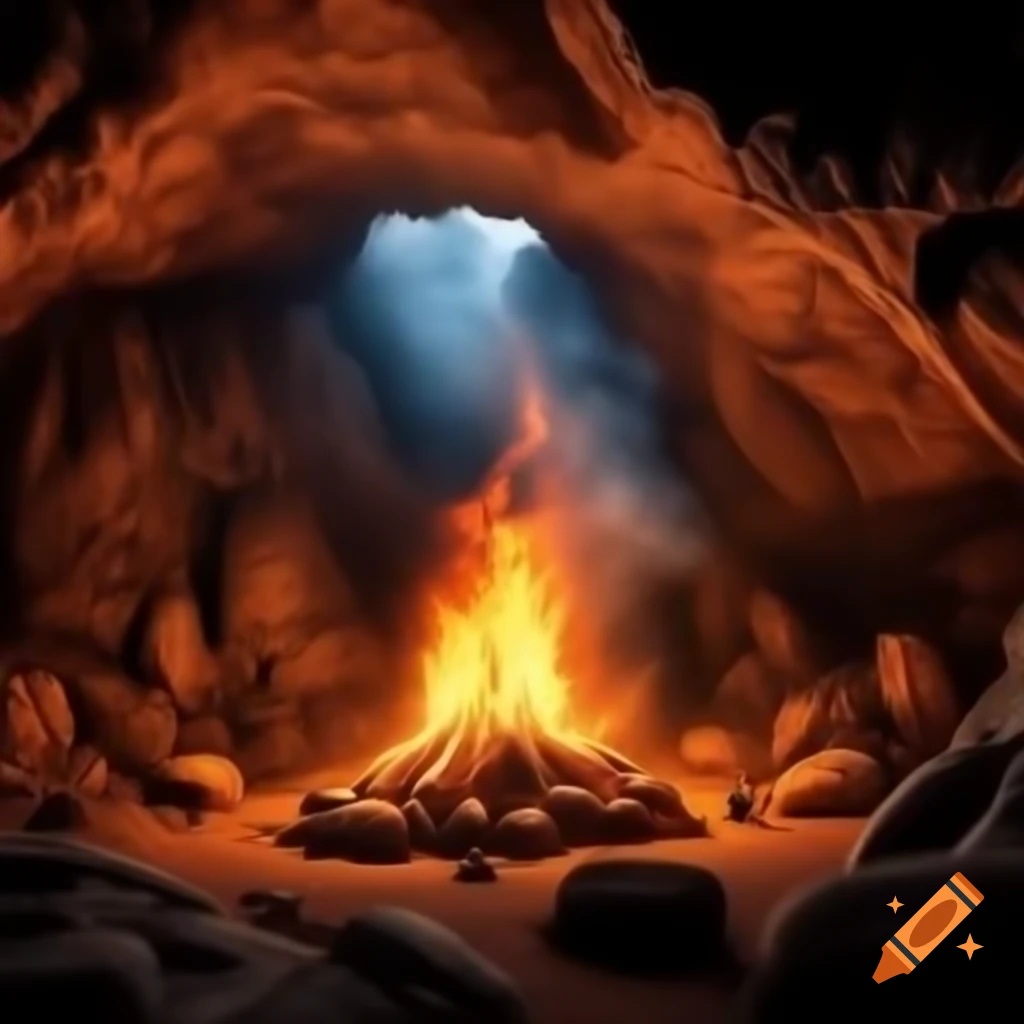 Fire burning inside a cave