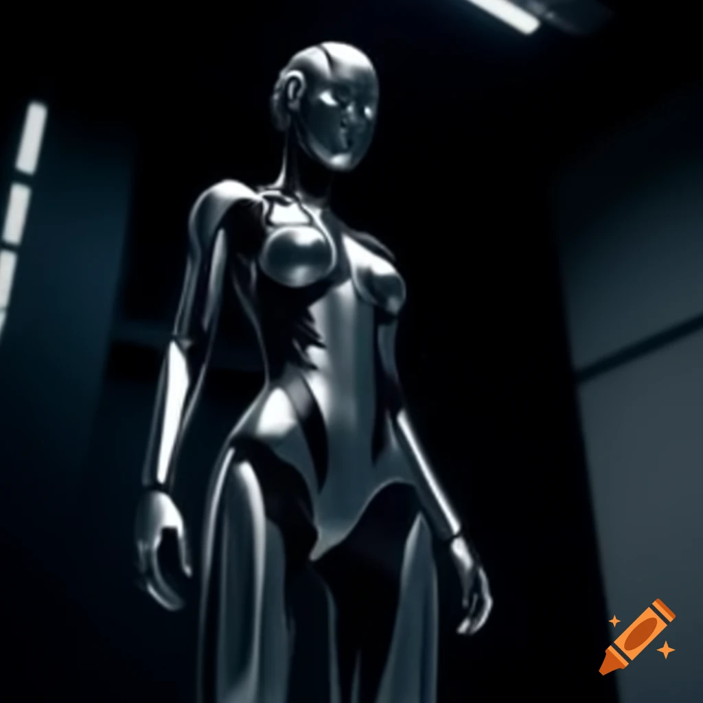 Futuristic synthetic feminine figure in dark room, high definition