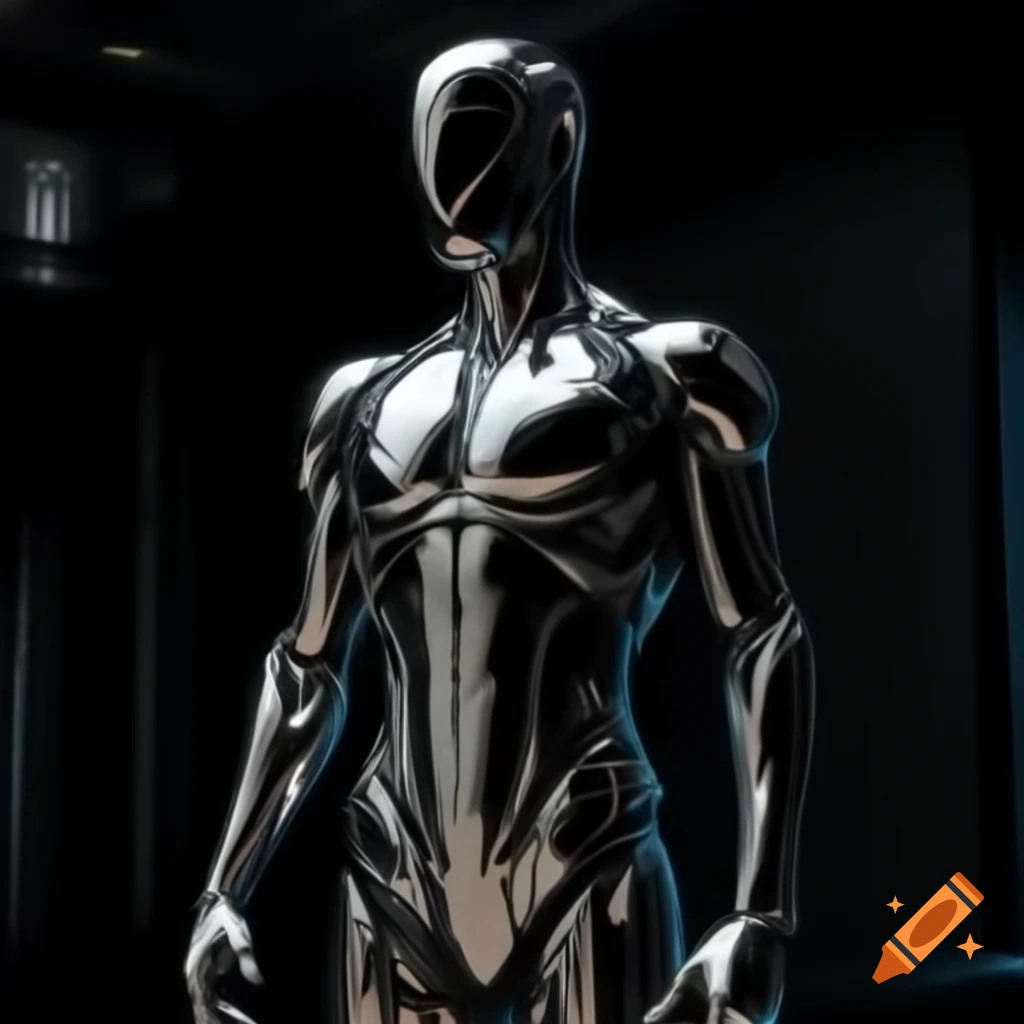 Futuristic synthetic male human with black chrome body in dark room