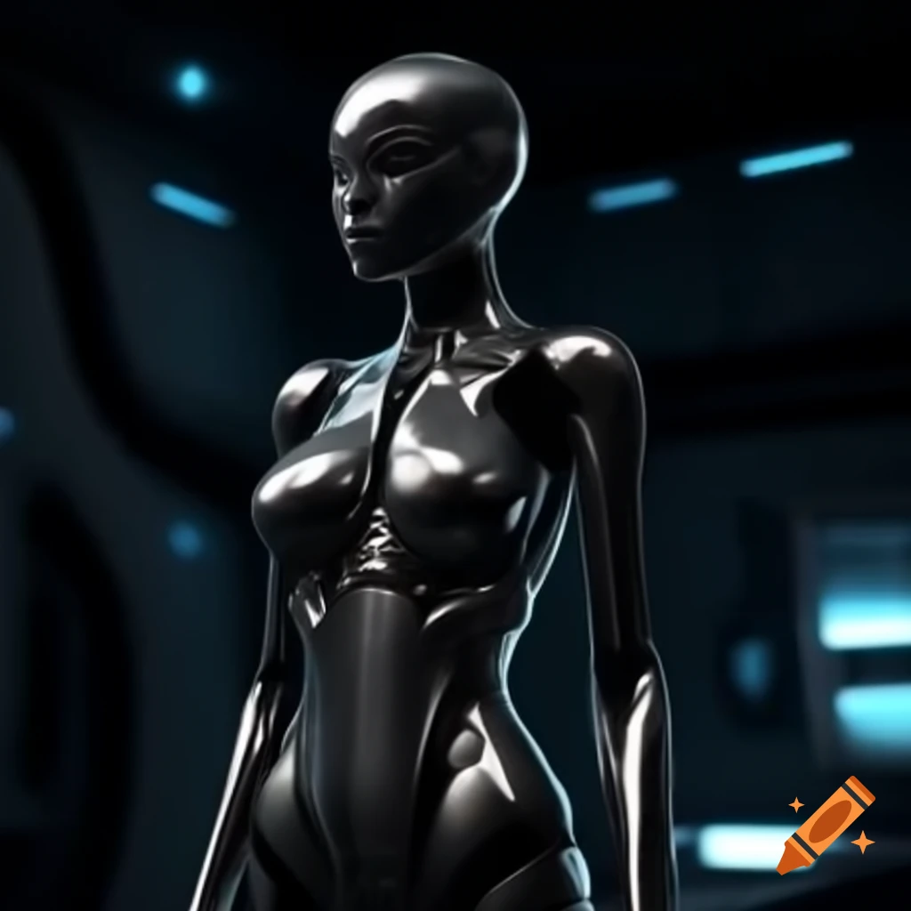 Synthetic female human with black chrome body in futuristic dark room