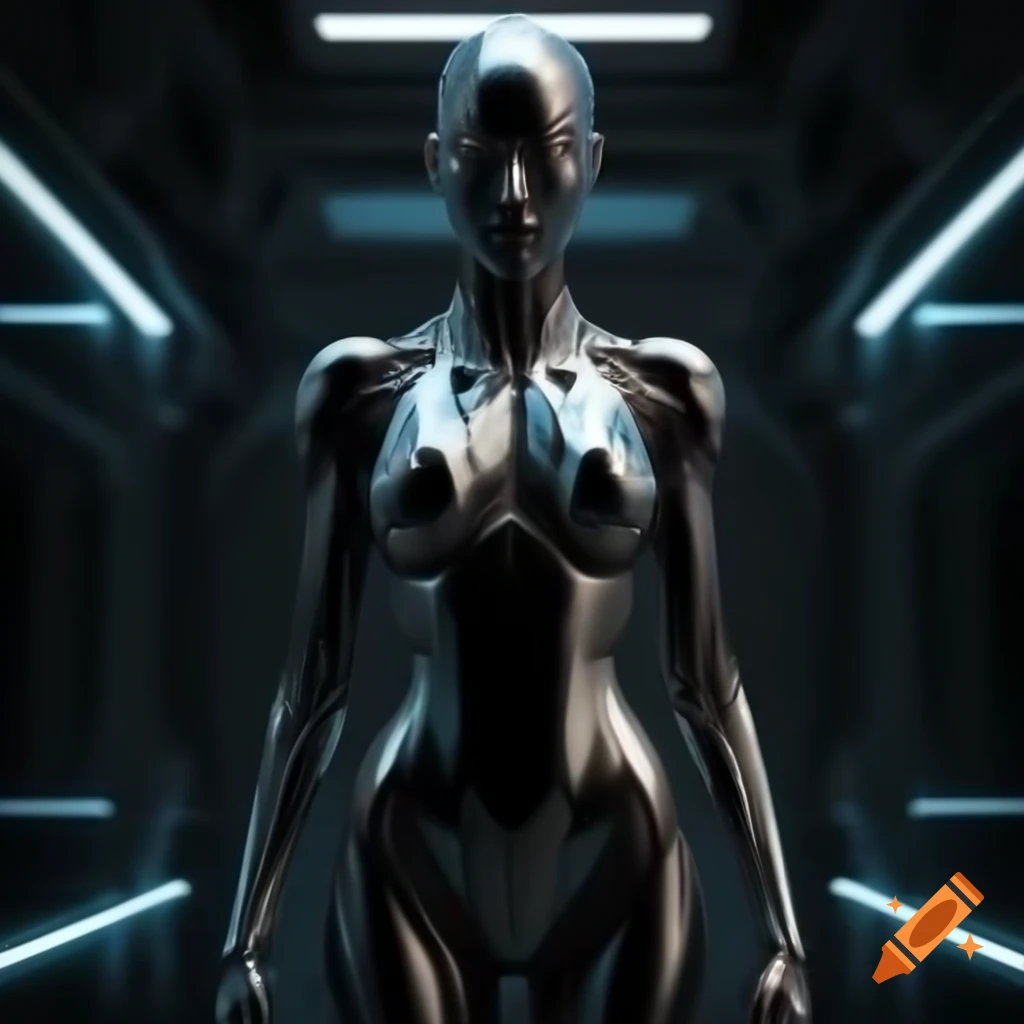 Synthetic female humanoid in black metallic chrome body in futuristic dark room