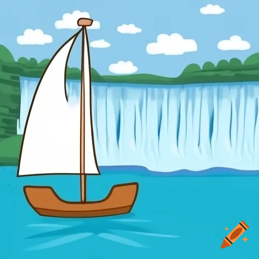 Cartoon sailboat approaching Niagara Falls