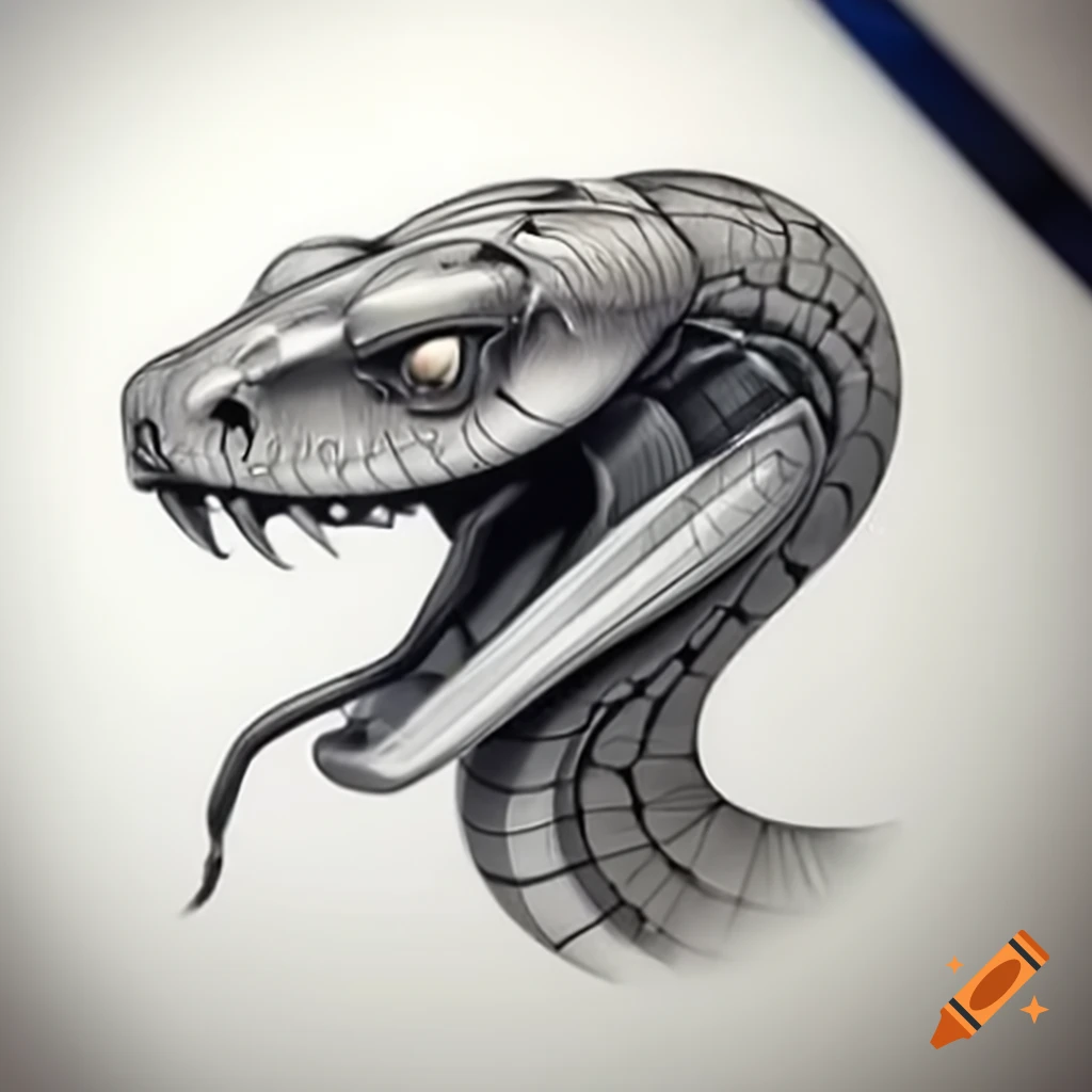 Illustration of a cyborg snake's head designed for easy pencil drawing